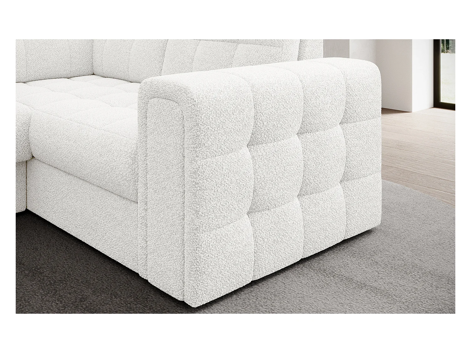 Canapé panoramique BLOOM tissu capitonné - Rangement et convertible-Blanc-Coffre de rangement à gauche