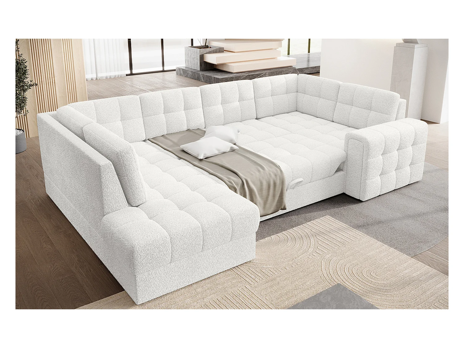 Canapé panoramique BLOOM tissu capitonné - Rangement et convertible-Blanc-Coffre de rangement à gauche