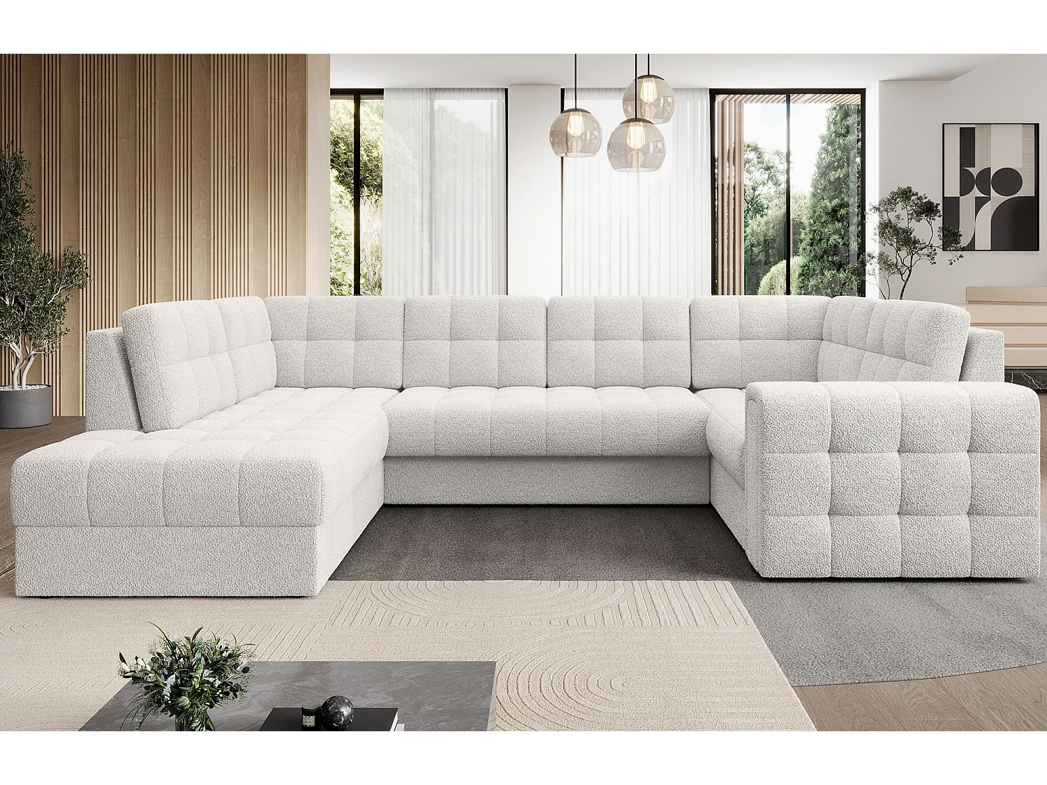 BLOOM panoramische bank in gestoffeerde stof - Opbergruimte en omvormbaar-Kleur Wit-Opslagruimte naar links