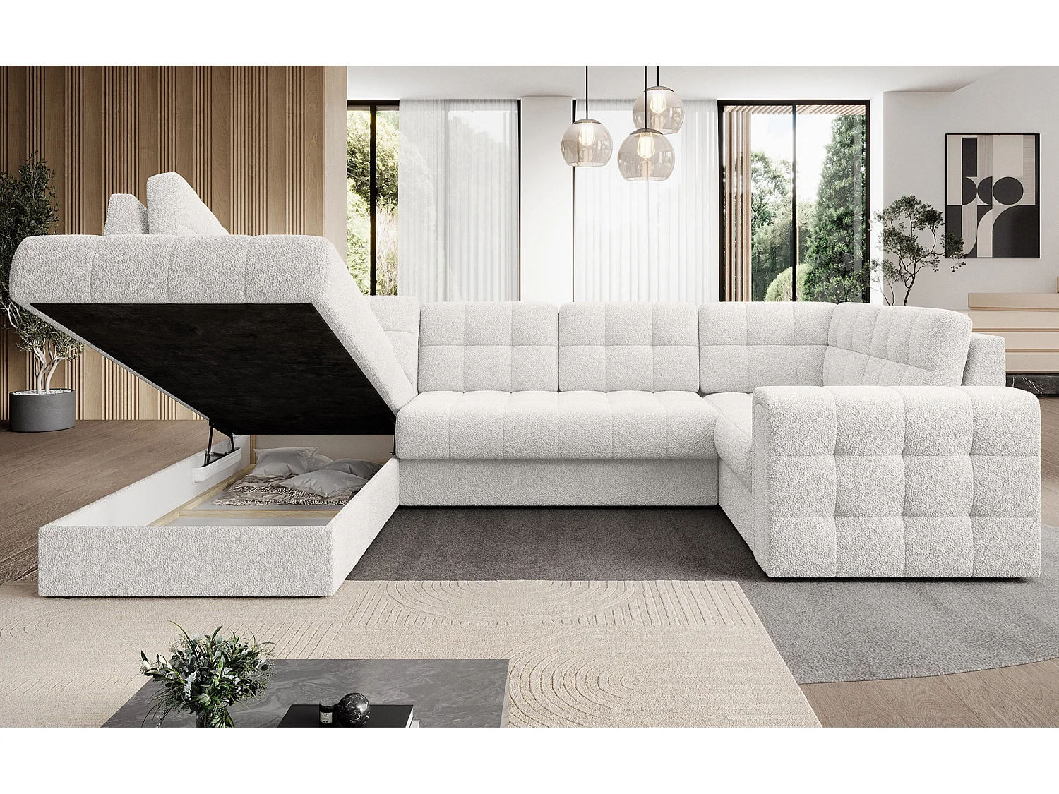 BLOOM panoramische bank in gestoffeerde stof - Opbergruimte en omvormbaar-Kleur Wit-Opslagruimte naar links