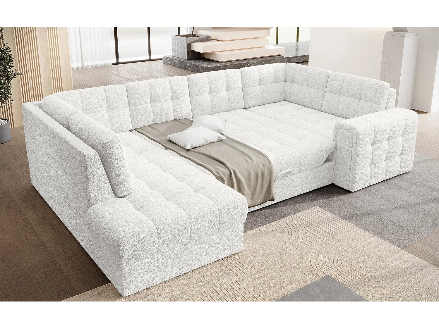 BLOOM panoramische bank in gestoffeerde stof - Opbergruimte en omvormbaar-Kleur Wit-Opslagruimte naar links