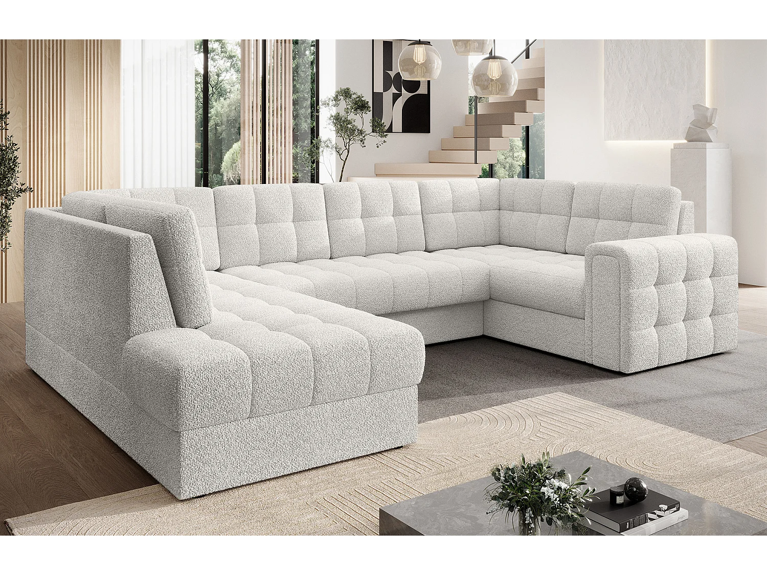 BLOOM panoramische bank in gestoffeerde stof - Opbergruimte en omvormbaar-Kleur Wit-Opslagruimte naar links