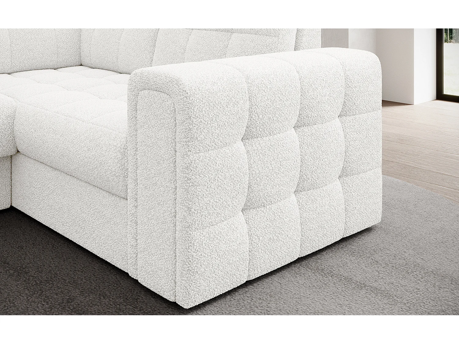 BLOOM panoramische bank in gestoffeerde stof - Opbergruimte en omvormbaar-Kleur Wit-Opslagruimte naar links