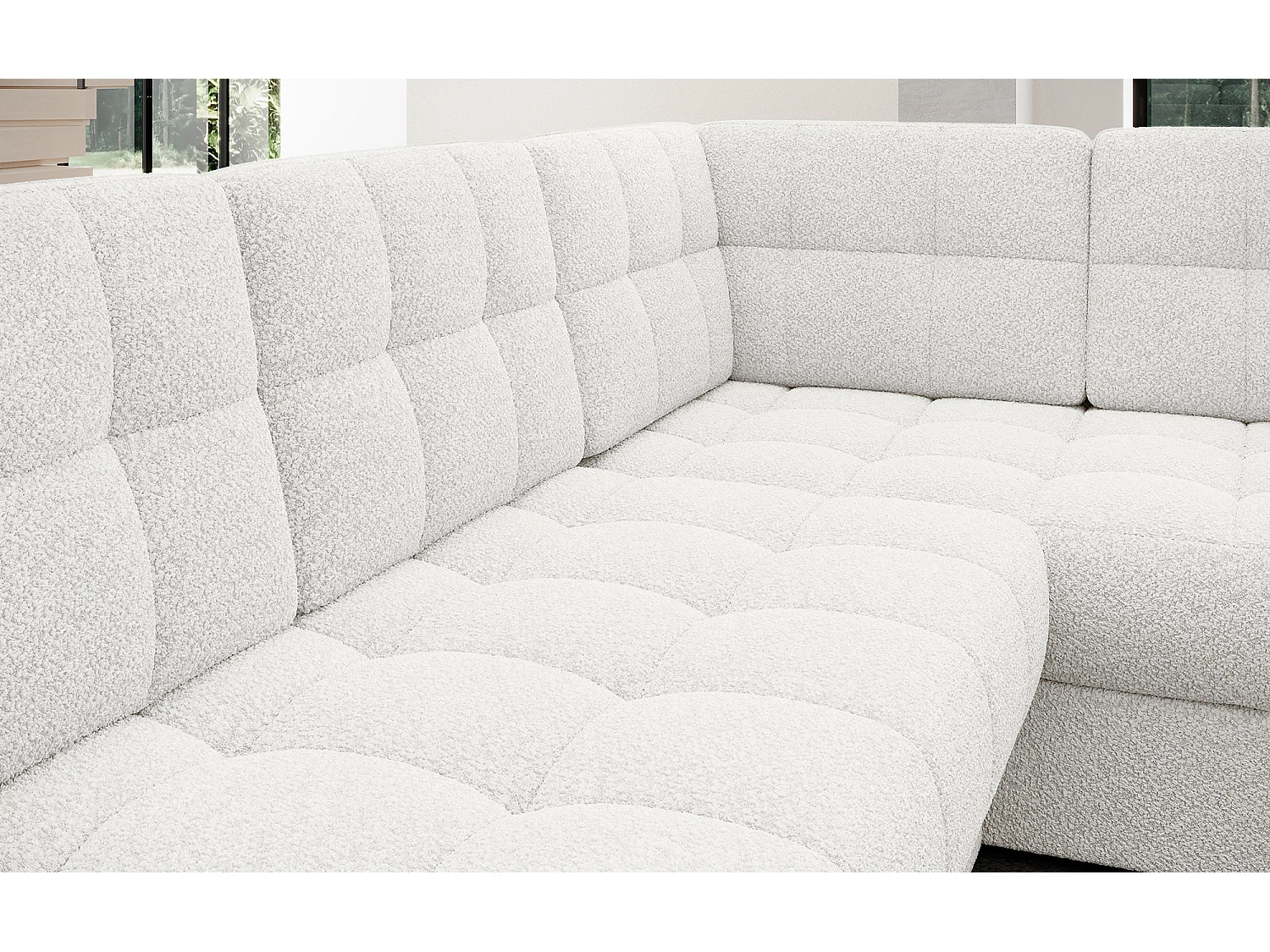 Canapé d'angle panoramique convertible 5 places avec coffre en velours capitonné blanc