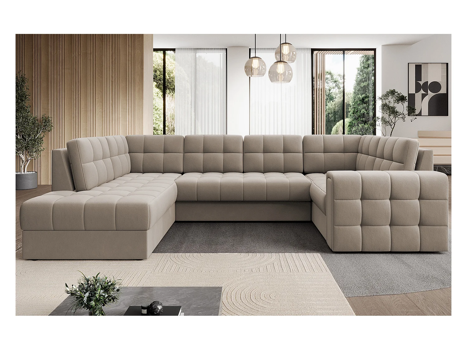 Canapé panoramique BLOOM velours capitonné - Rangement et convertible-Taupe-Coffre de rangement à gauche