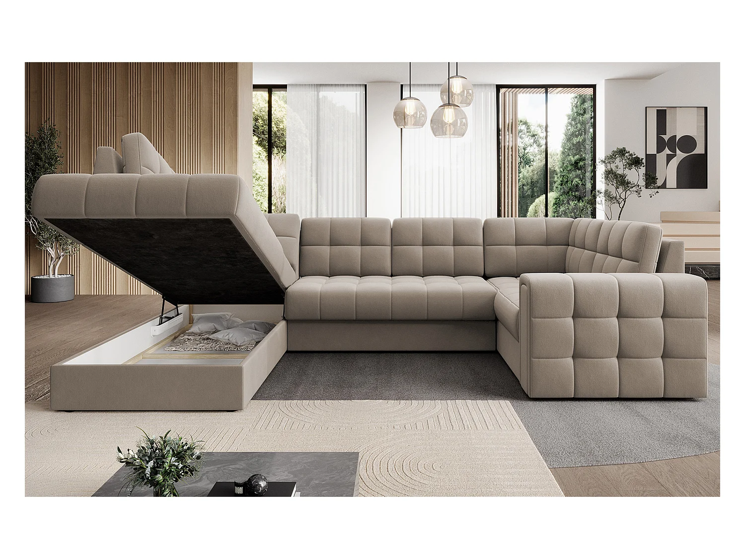 Canapé panoramique BLOOM velours capitonné - Rangement et convertible-Taupe-Coffre de rangement à gauche