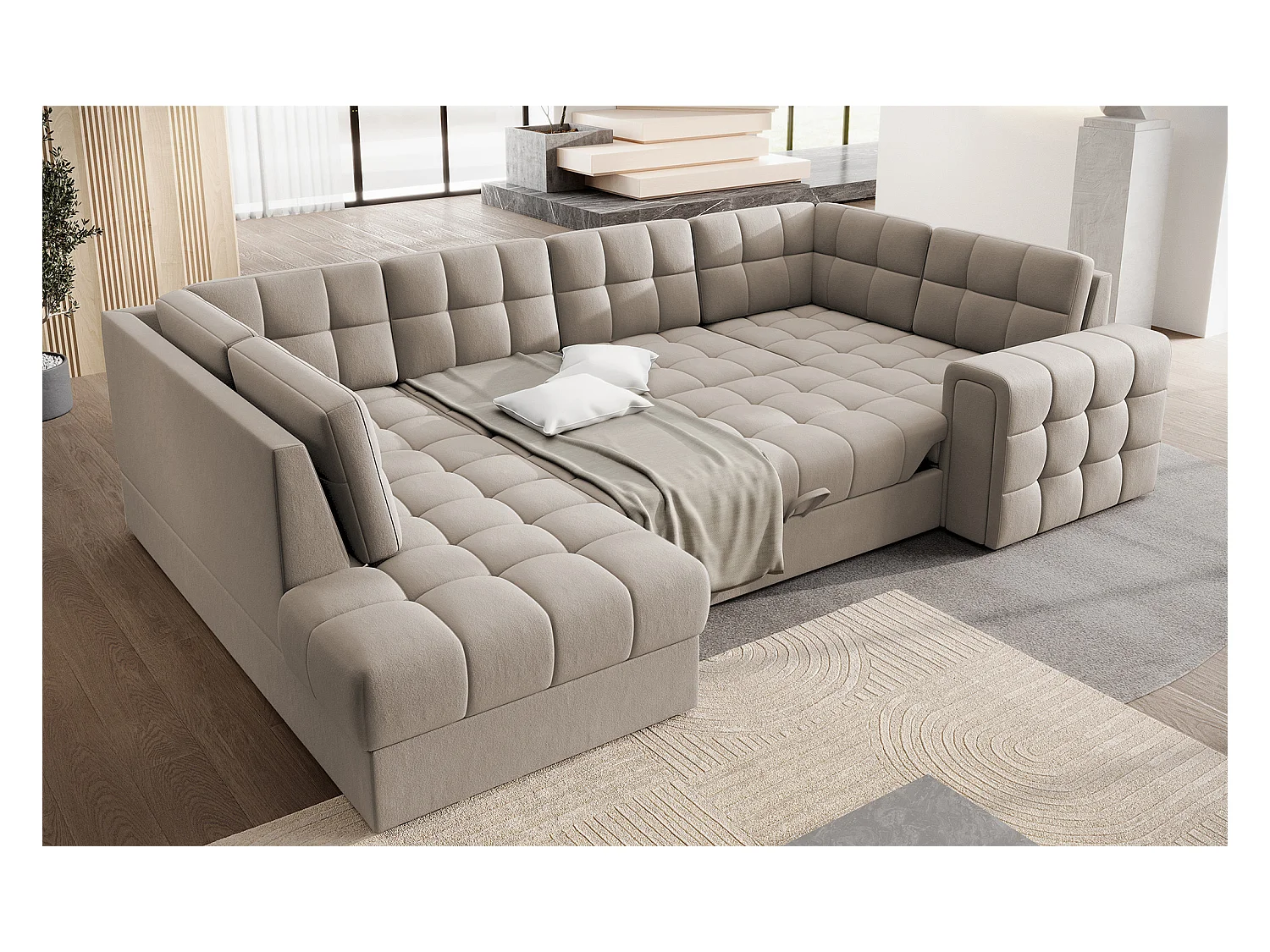 Canapé panoramique BLOOM velours capitonné - Rangement et convertible-Taupe-Coffre de rangement à gauche