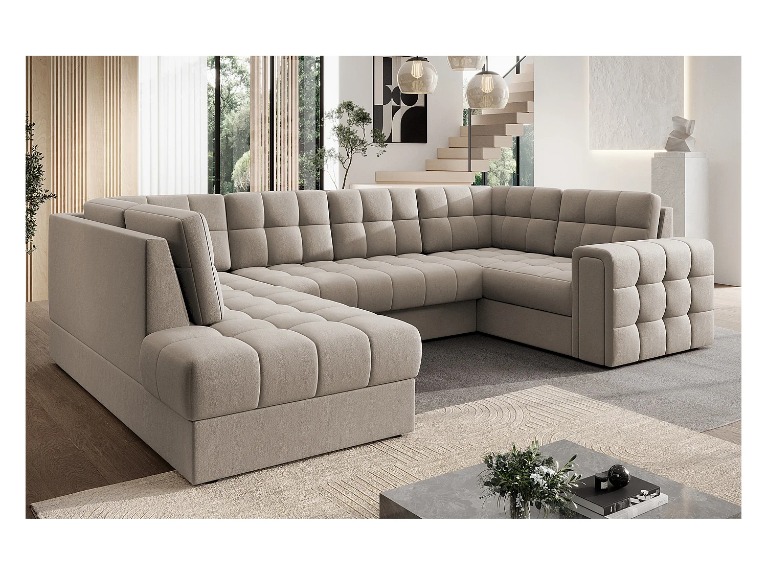 Canapé panoramique BLOOM velours capitonné - Rangement et convertible-Taupe-Coffre de rangement à gauche