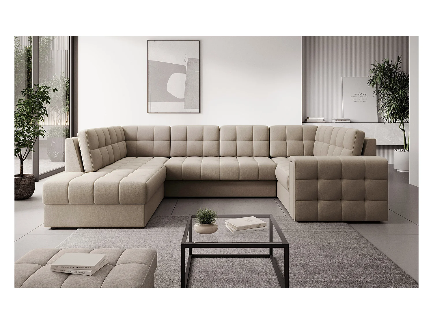 Canapé panoramique BLOOM velours capitonné - Rangement et convertible-Taupe-Coffre de rangement à gauche