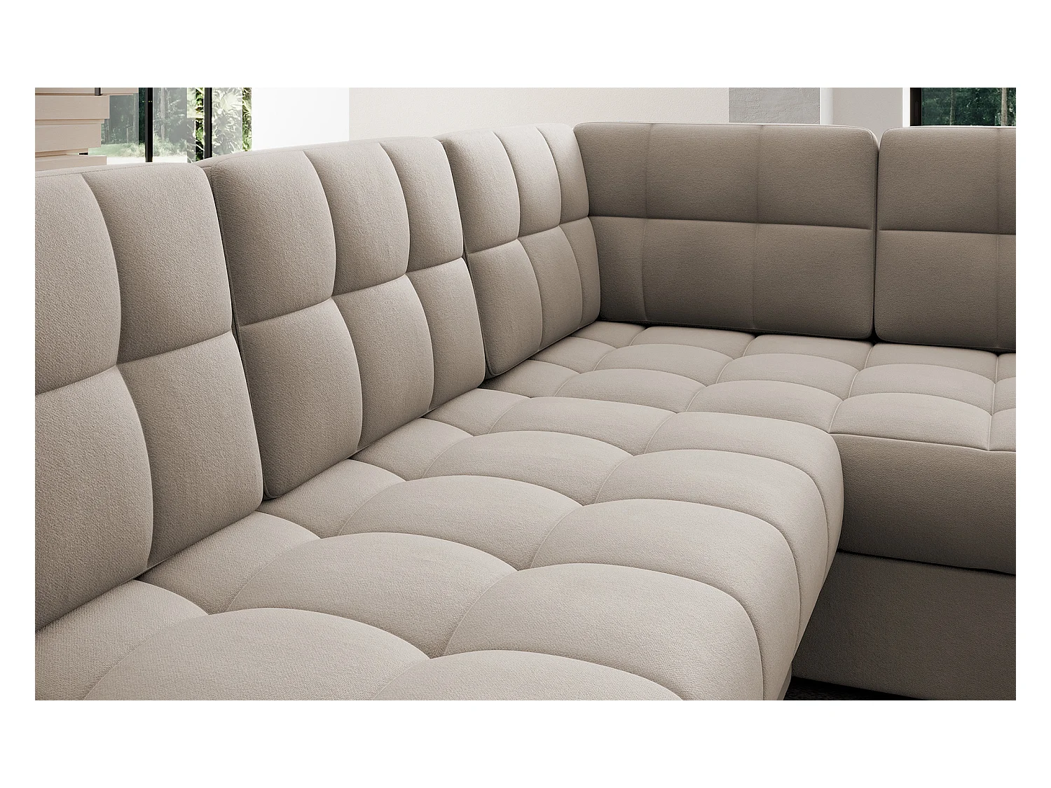 Canapé panoramique BLOOM velours capitonné - Rangement et convertible-Taupe-Coffre de rangement à gauche