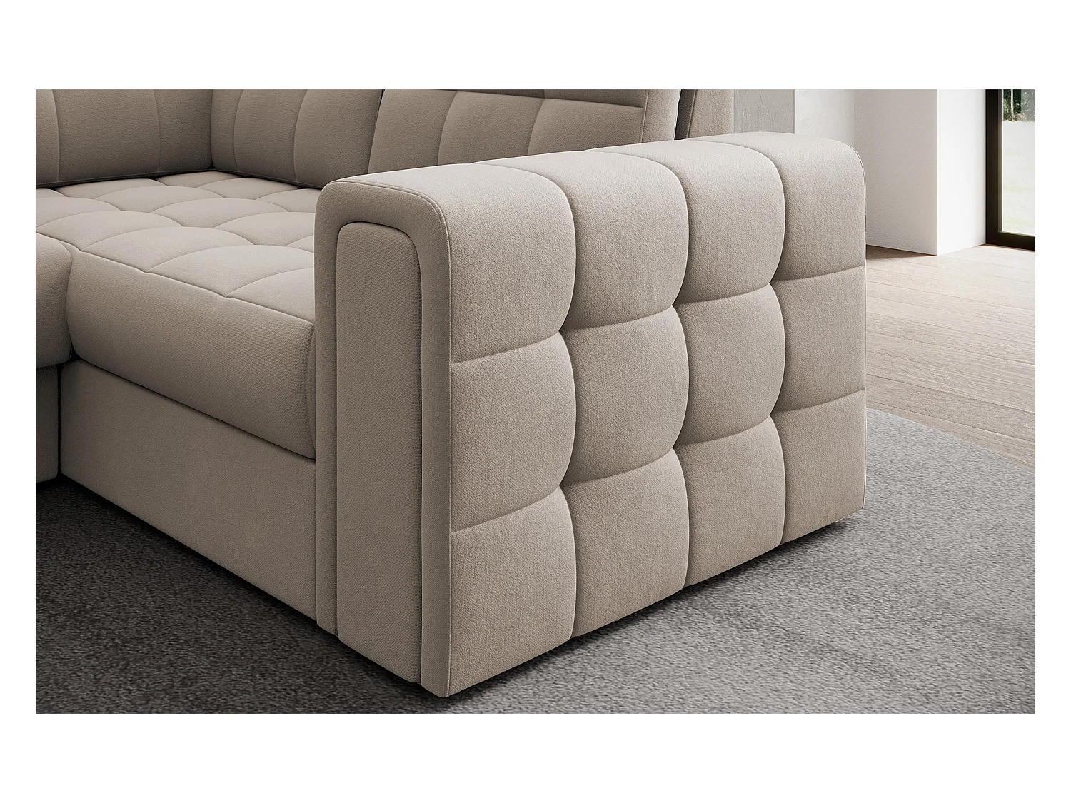 Canapé panoramique BLOOM velours capitonné - Rangement et convertible-Taupe-Coffre de rangement à gauche