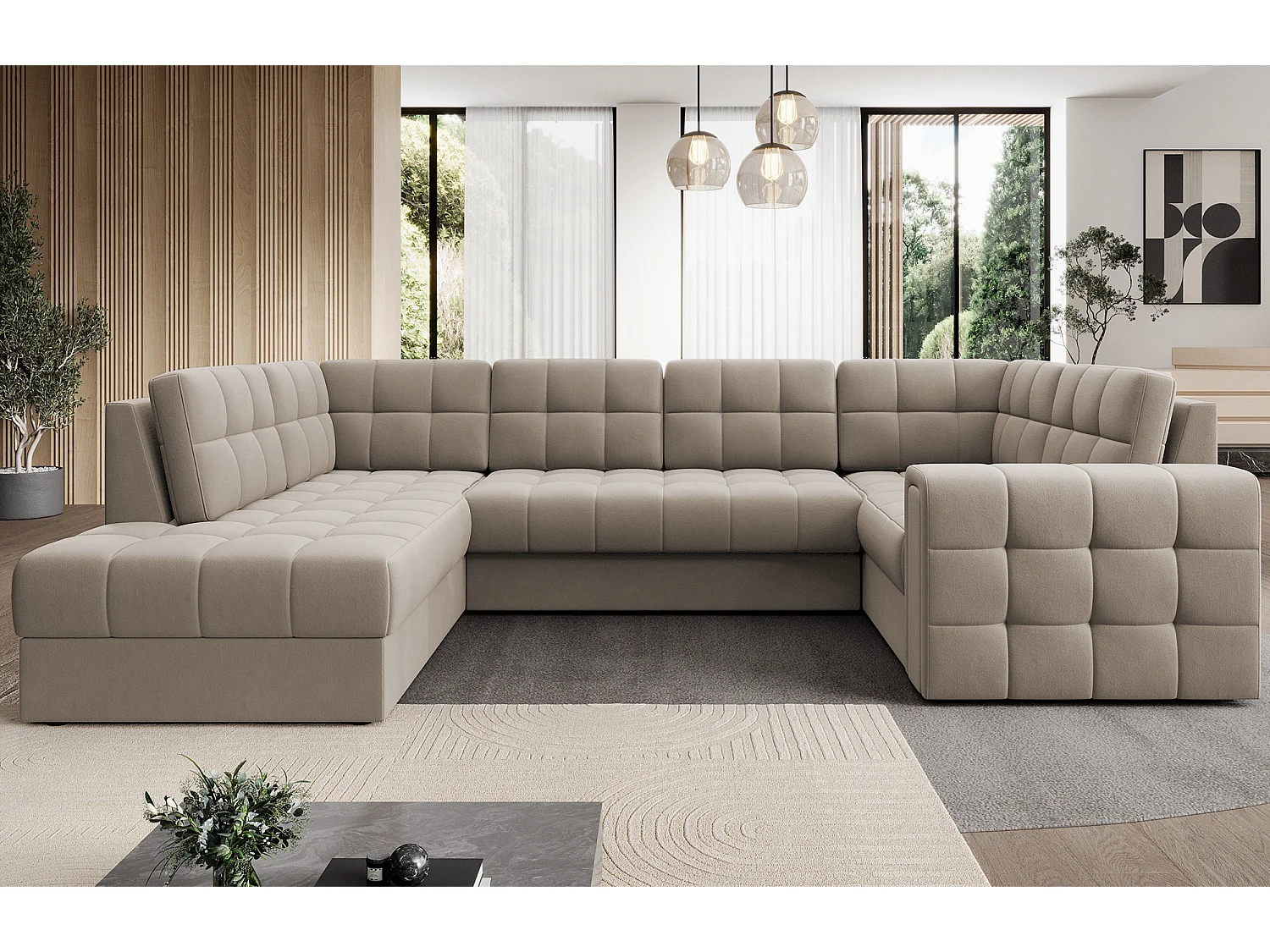 BLOOM panoramische bank in gecapitonneerd fluweel - Opbergruimte en omvormbaar-Kleur Wrat-Opslagruimte naar links