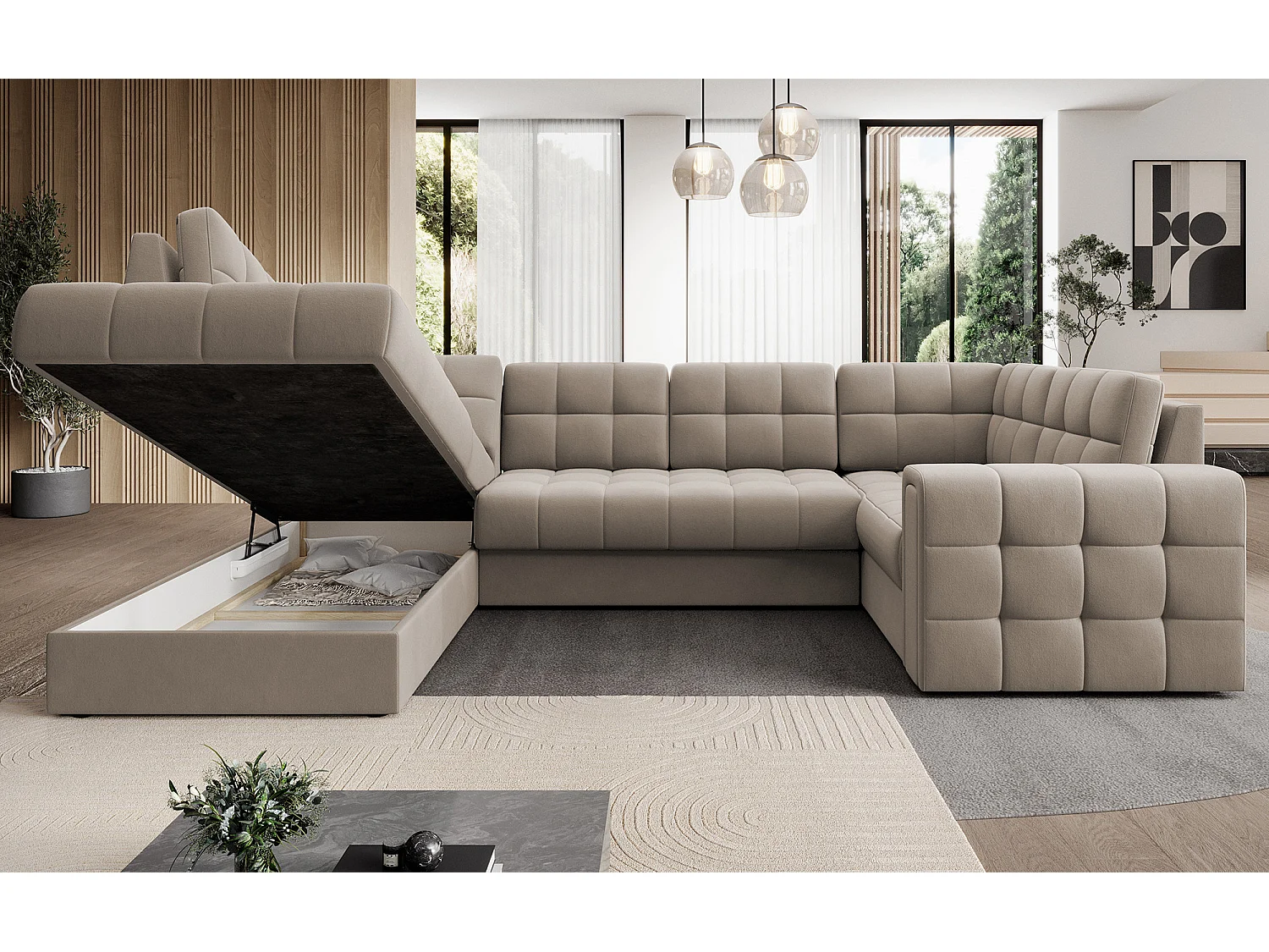 BLOOM panoramische bank in gecapitonneerd fluweel - Opbergruimte en omvormbaar-Kleur Wrat-Opslagruimte naar links