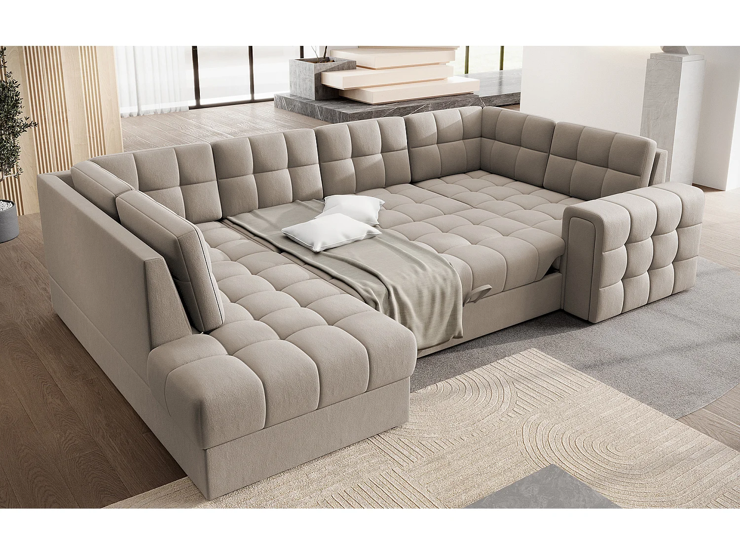 BLOOM panoramische bank in gecapitonneerd fluweel - Opbergruimte en omvormbaar-Kleur Wrat-Opslagruimte naar links