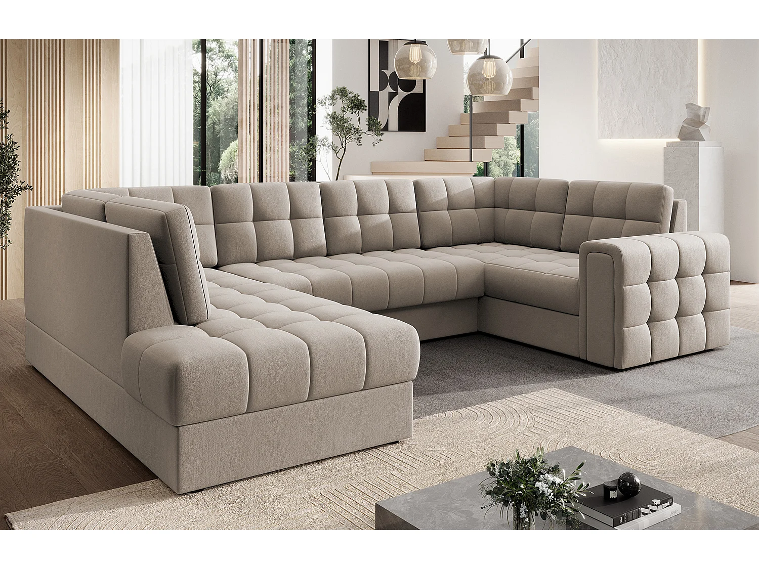 BLOOM panoramische bank in gecapitonneerd fluweel - Opbergruimte en omvormbaar-Kleur Wrat-Opslagruimte naar links