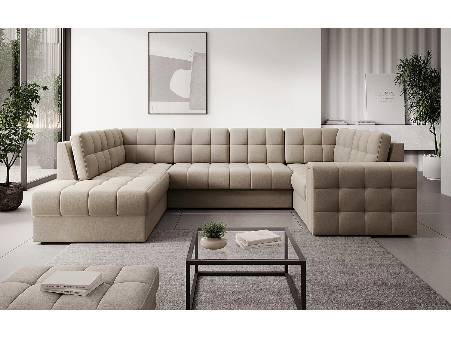 BLOOM panoramische bank in gecapitonneerd fluweel - Opbergruimte en omvormbaar-Kleur Wrat-Opslagruimte naar links