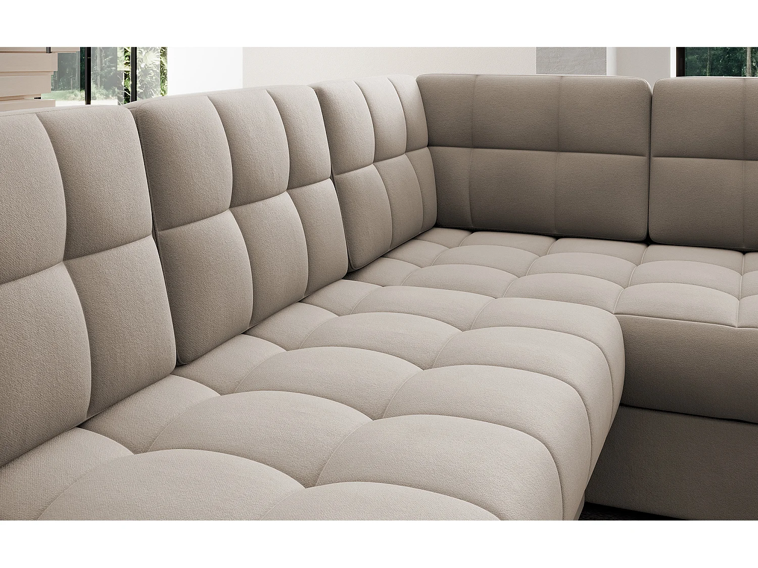 BLOOM panoramische bank in gecapitonneerd fluweel - Opbergruimte en omvormbaar-Kleur Wrat-Opslagruimte naar links