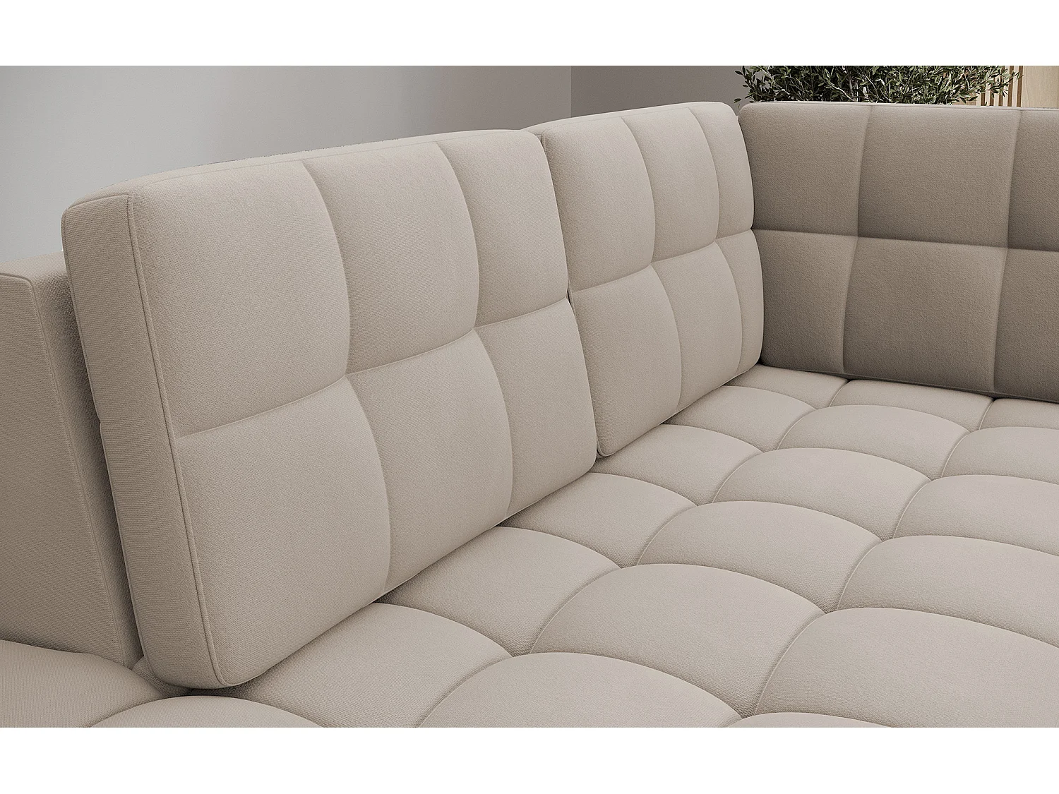 BLOOM panoramische bank in gecapitonneerd fluweel - Opbergruimte en omvormbaar-Kleur Wrat-Opslagruimte naar links