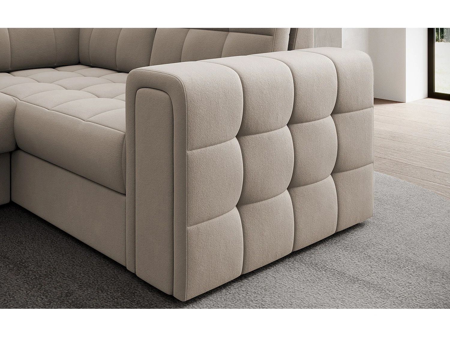 BLOOM panoramische bank in gecapitonneerd fluweel - Opbergruimte en omvormbaar-Kleur Wrat-Opslagruimte naar links