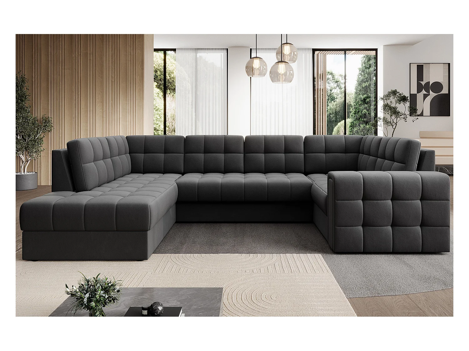 Canapé panoramique BLOOM velours capitonné - Rangement et convertible-Gris foncé-Coffre de rangement à gauche