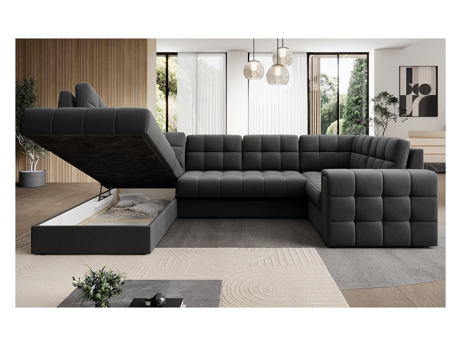 Canapé panoramique BLOOM velours capitonné - Rangement et convertible-Gris foncé-Coffre de rangement à gauche