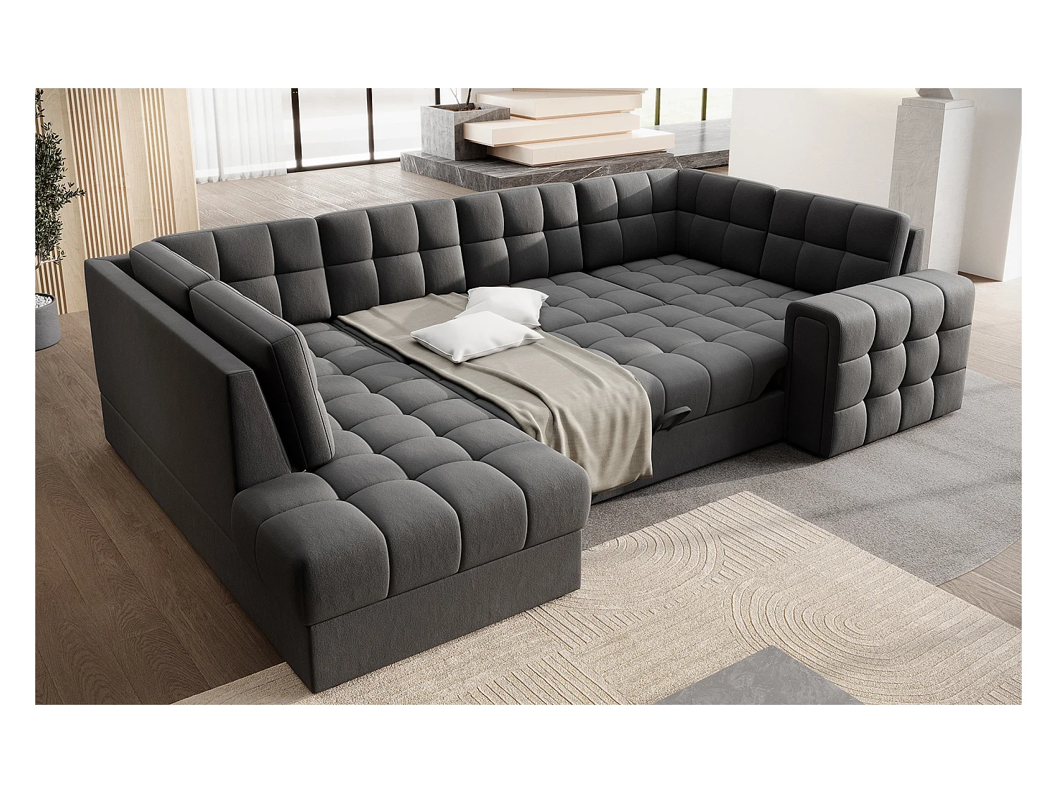 Canapé panoramique BLOOM velours capitonné - Rangement et convertible-Gris foncé-Coffre de rangement à gauche