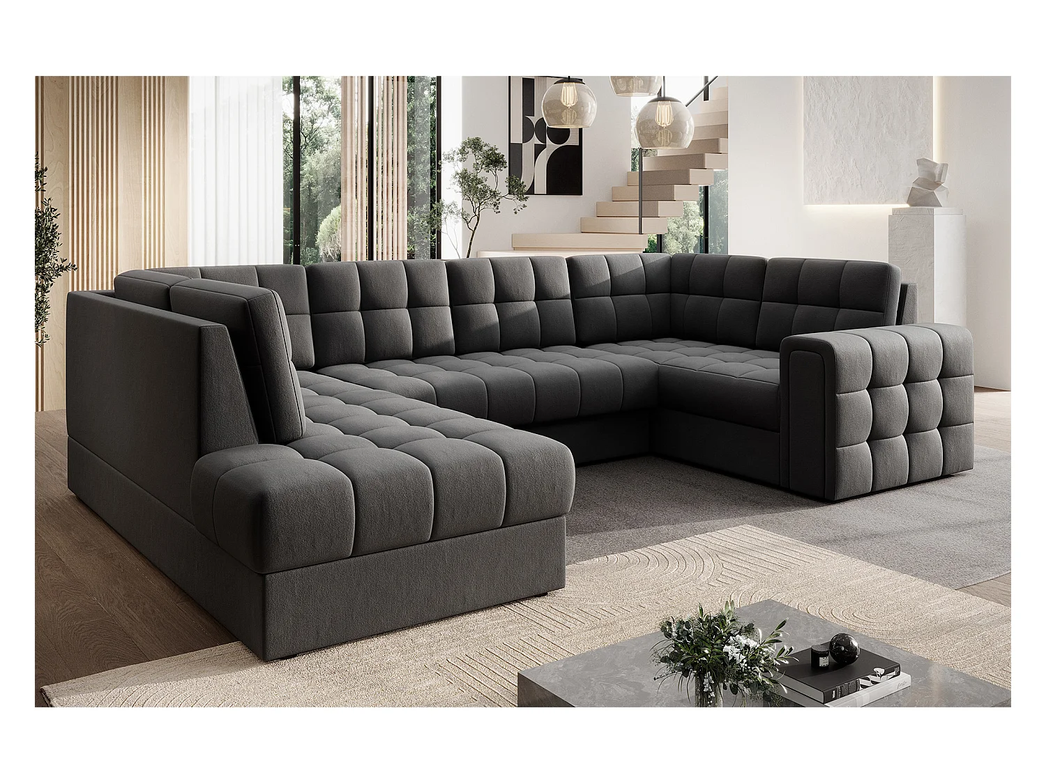 Canapé panoramique BLOOM velours capitonné - Rangement et convertible-Gris foncé-Coffre de rangement à gauche