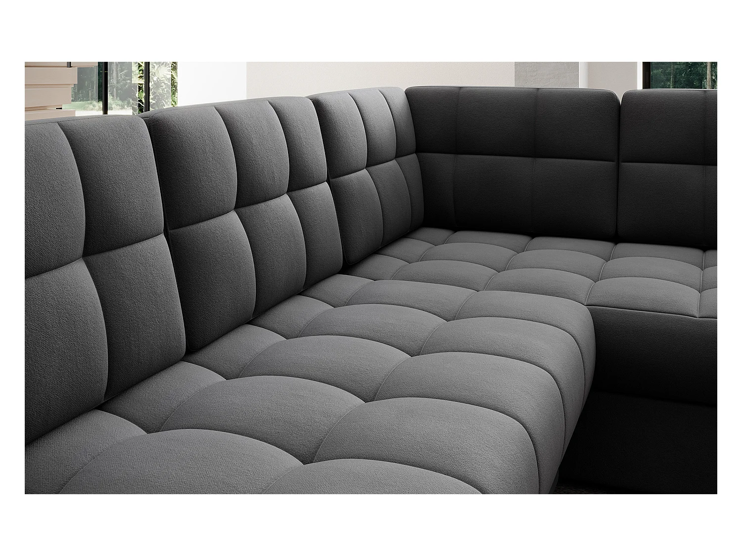 Canapé panoramique BLOOM velours capitonné - Rangement et convertible-Gris foncé-Coffre de rangement à gauche