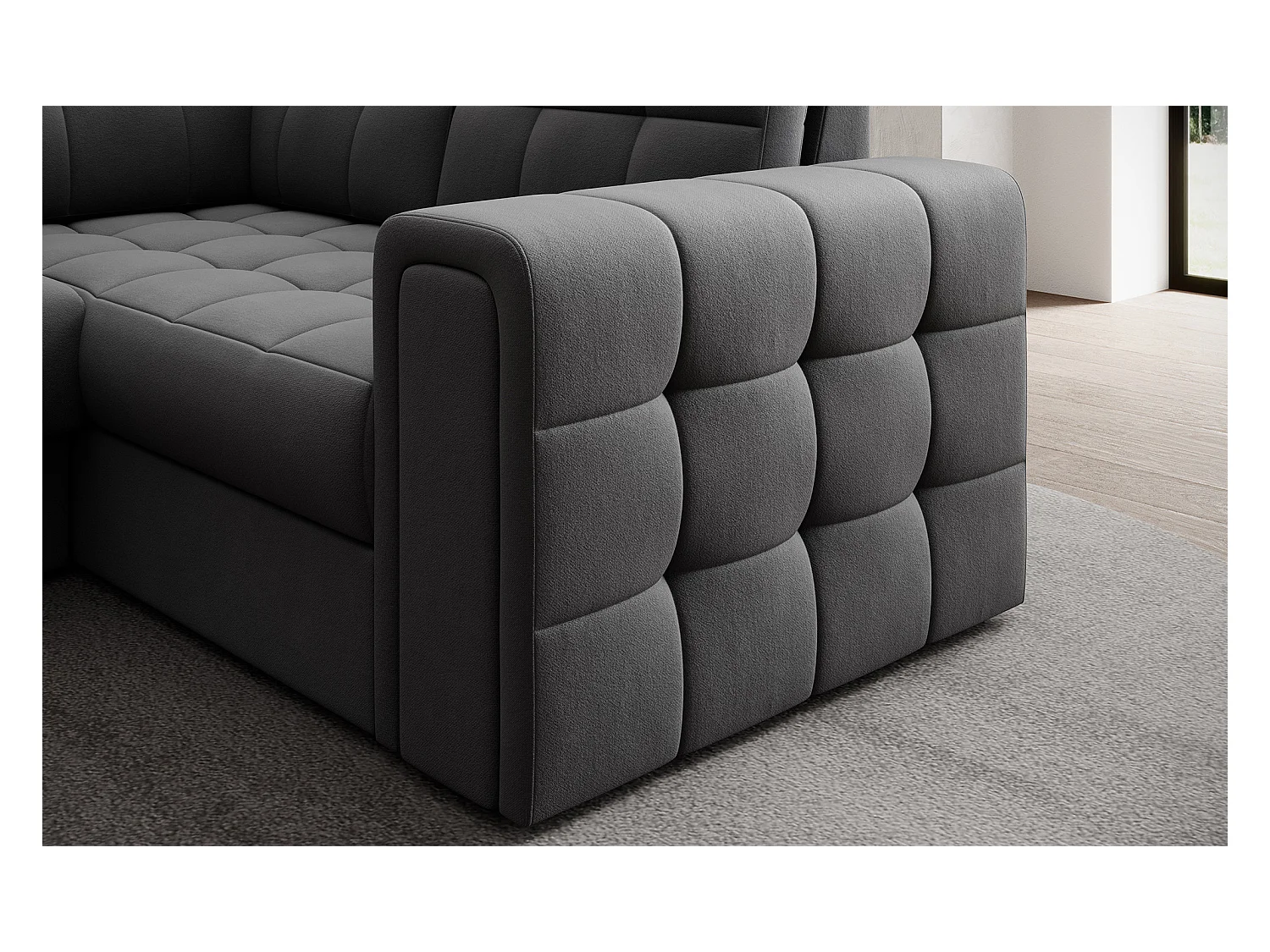 Canapé panoramique BLOOM velours capitonné - Rangement et convertible-Gris foncé-Coffre de rangement à gauche