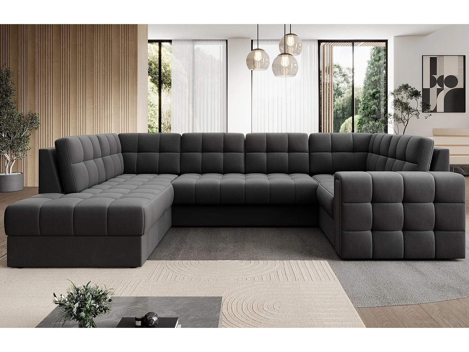 BLOOM panoramische bank in gecapitonneerd fluweel - Opbergruimte en omvormbaar-Kleur Donkergrijs-Opslagruimte naar links