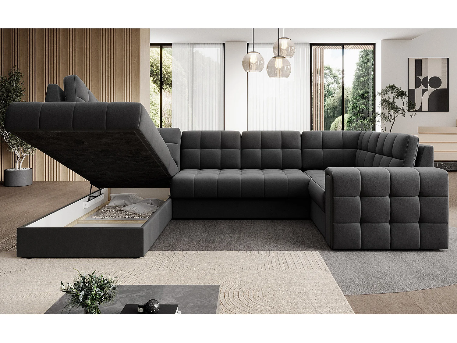 BLOOM panoramische bank in gecapitonneerd fluweel - Opbergruimte en omvormbaar-Kleur Donkergrijs-Opslagruimte naar links