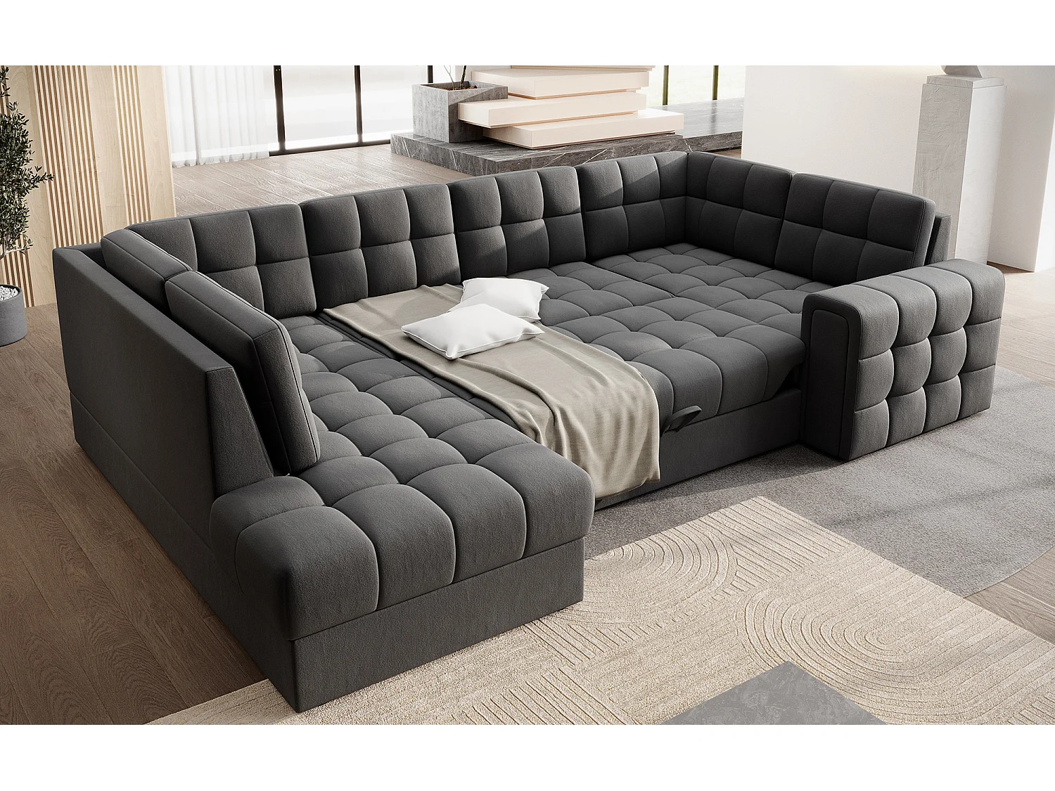 BLOOM panoramische bank in gecapitonneerd fluweel - Opbergruimte en omvormbaar-Kleur Donkergrijs-Opslagruimte naar links