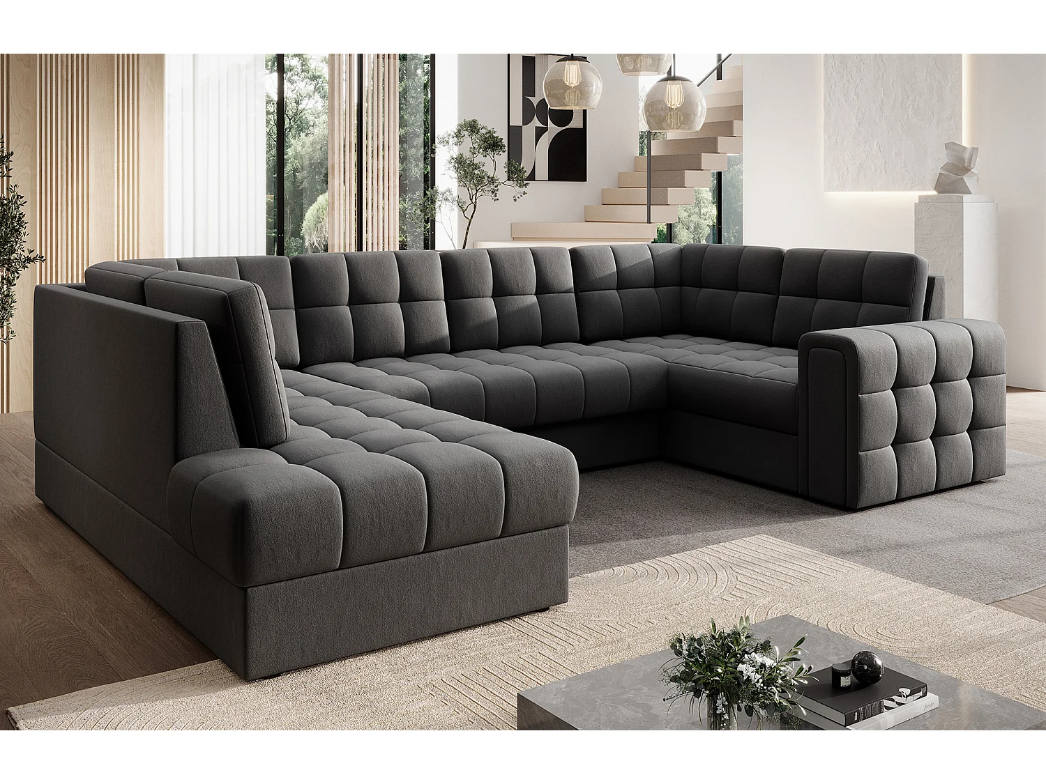 BLOOM panoramische bank in gecapitonneerd fluweel - Opbergruimte en omvormbaar-Kleur Donkergrijs-Opslagruimte naar links