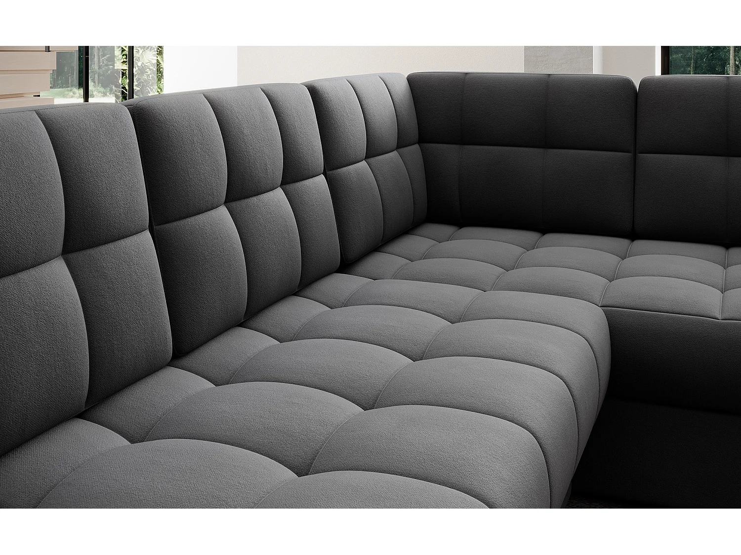 BLOOM panoramische bank in gecapitonneerd fluweel - Opbergruimte en omvormbaar-Kleur Donkergrijs-Opslagruimte naar links