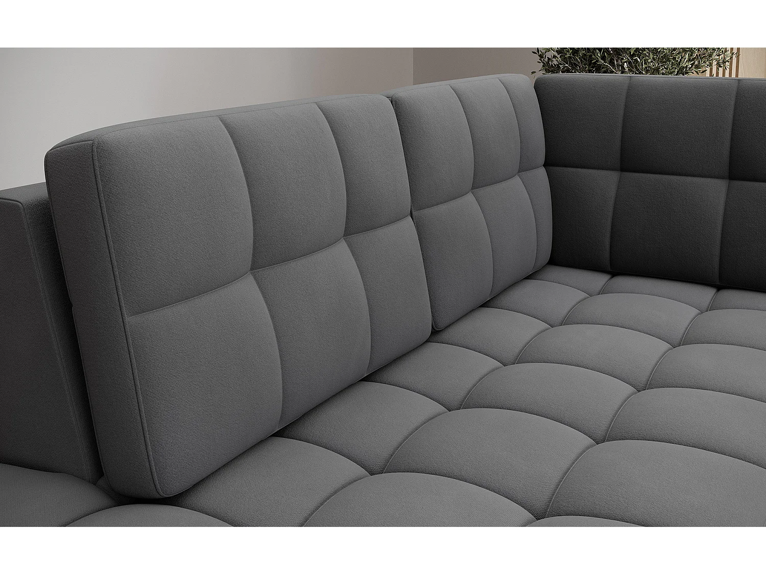 BLOOM panoramische bank in gecapitonneerd fluweel - Opbergruimte en omvormbaar-Kleur Donkergrijs-Opslagruimte naar links