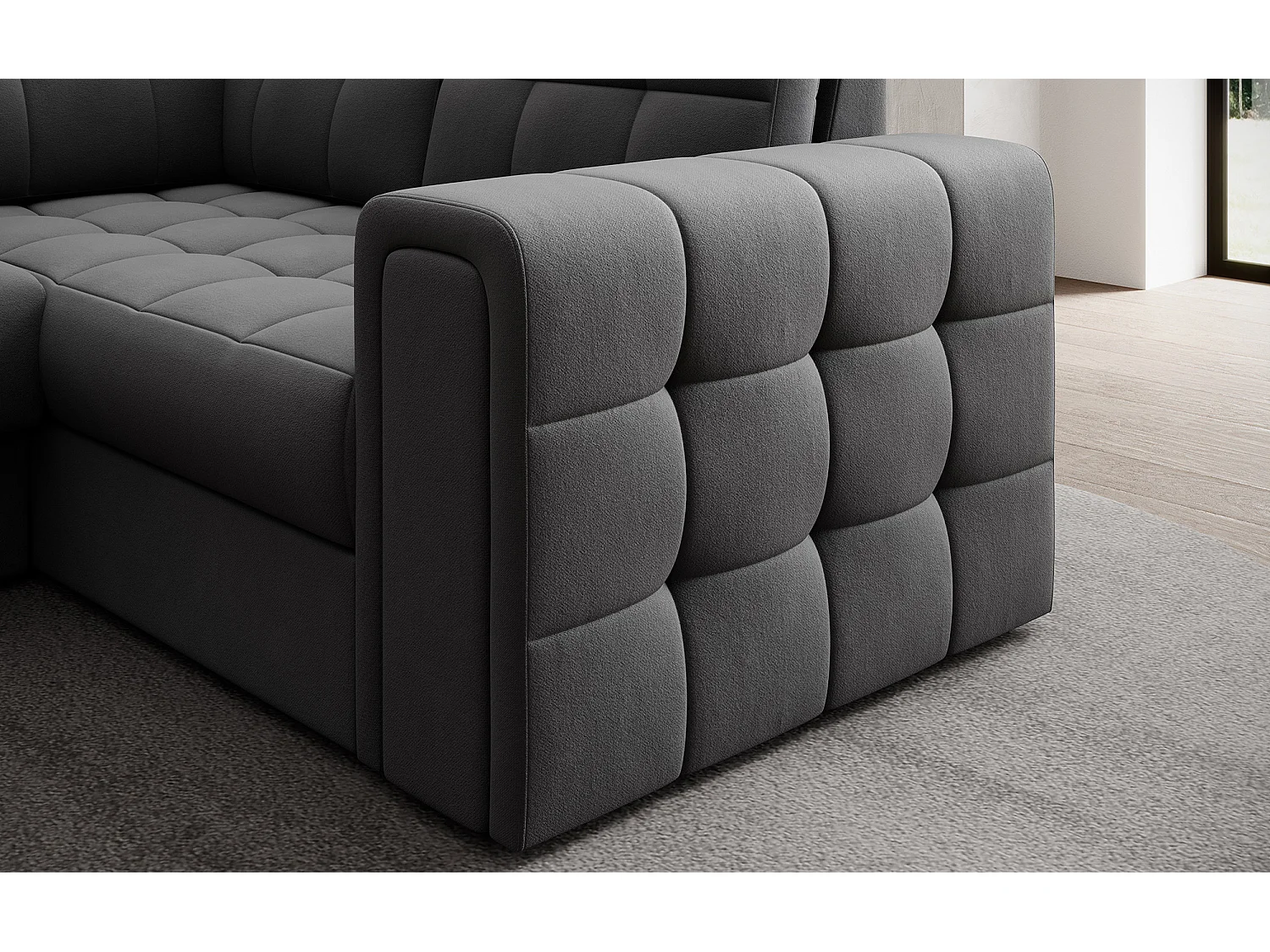 BLOOM panoramische bank in gecapitonneerd fluweel - Opbergruimte en omvormbaar-Kleur Donkergrijs-Opslagruimte naar links