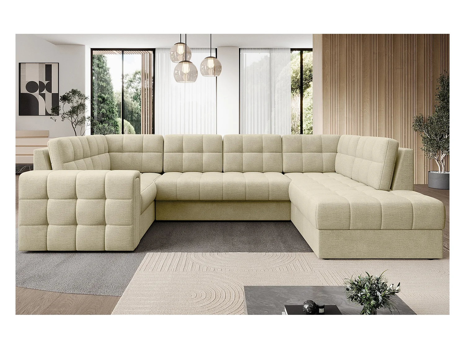 Canapé panoramique BLOOM velours capitonné - Rangement et convertible-Beige clair-Coffre de rangement à droite