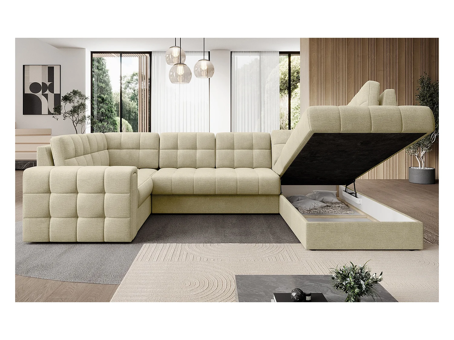 Canapé panoramique BLOOM velours capitonné - Rangement et convertible-Beige clair-Coffre de rangement à droite