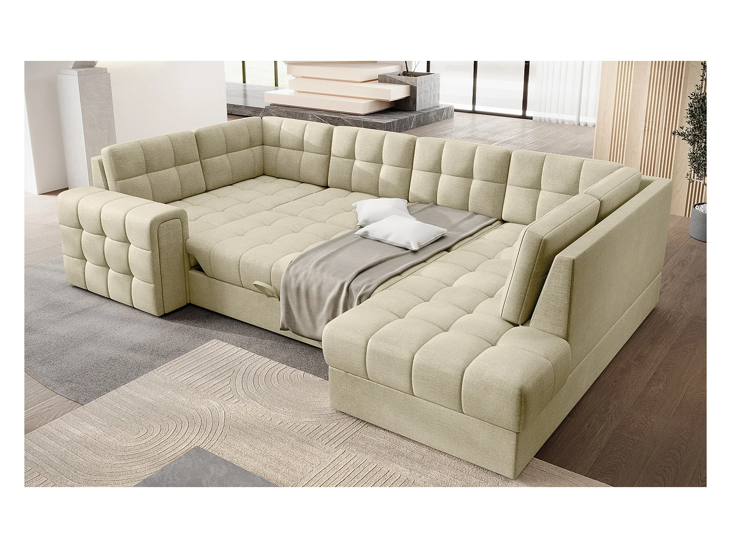 Canapé panoramique BLOOM velours capitonné - Rangement et convertible-Beige clair-Coffre de rangement à droite