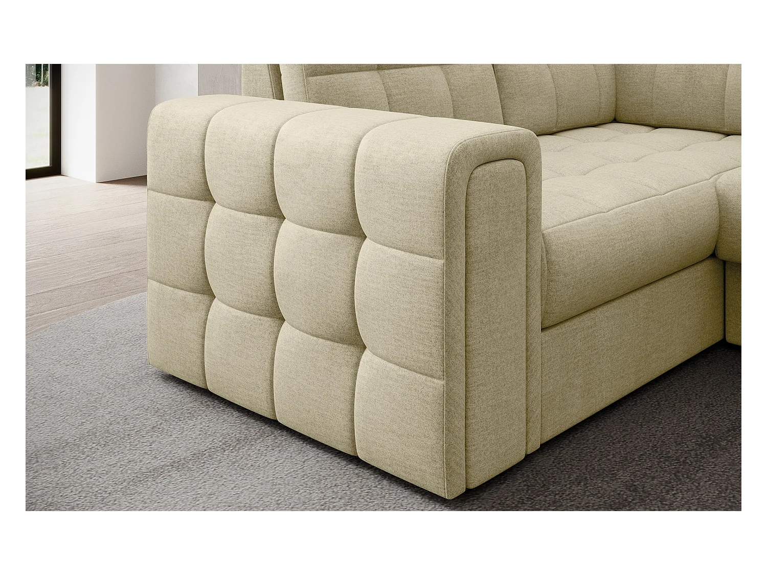 Canapé panoramique BLOOM velours capitonné - Rangement et convertible-Beige clair-Coffre de rangement à droite