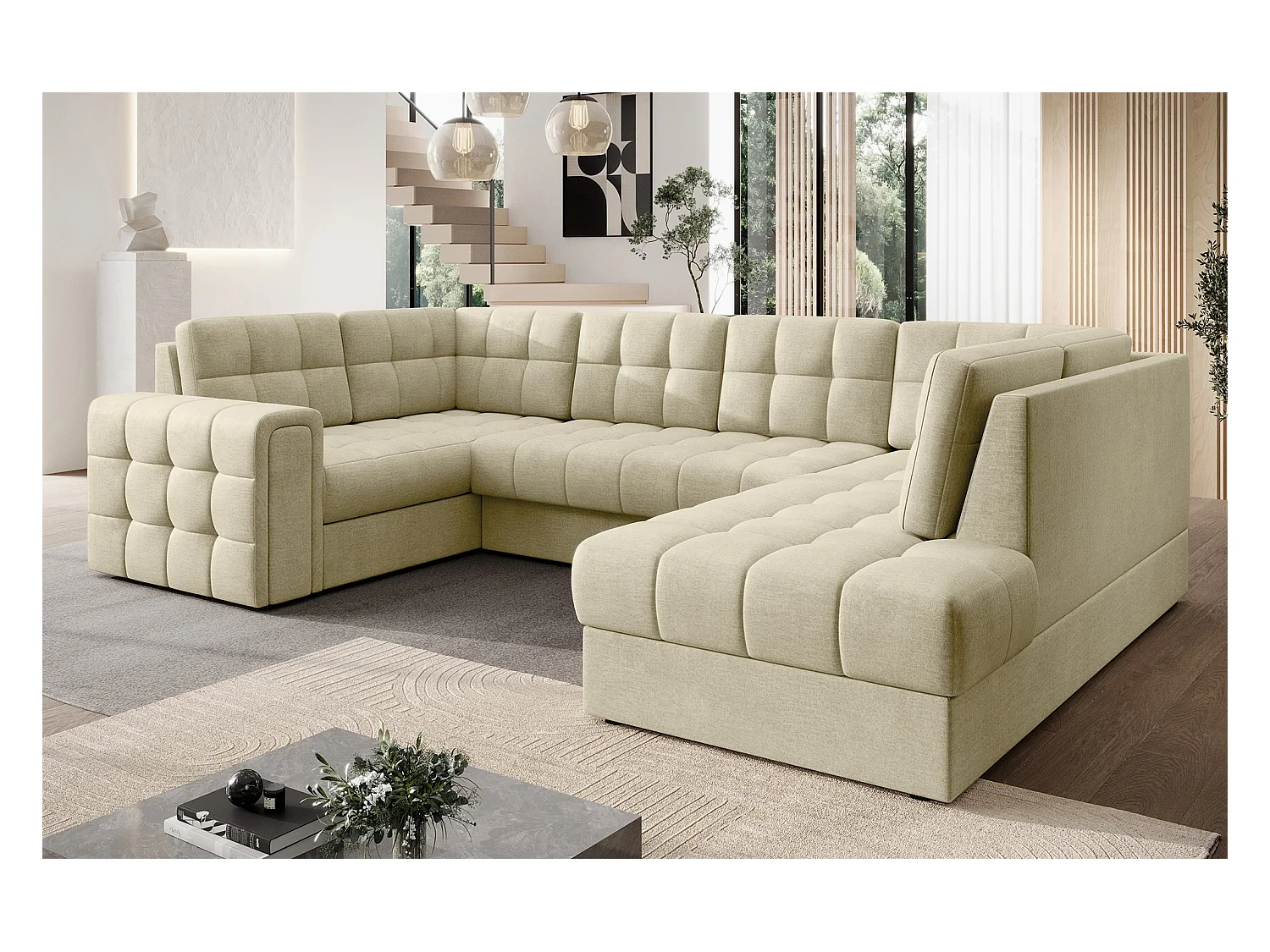 Canapé panoramique BLOOM velours capitonné - Rangement et convertible-Beige clair-Coffre de rangement à droite