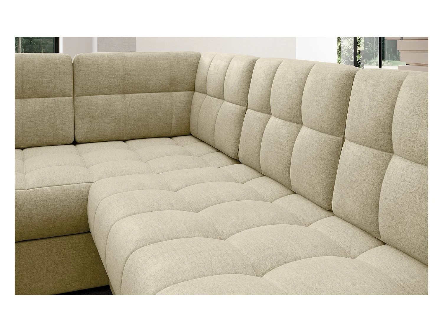 Canapé panoramique BLOOM velours capitonné - Rangement et convertible-Beige clair-Coffre de rangement à droite