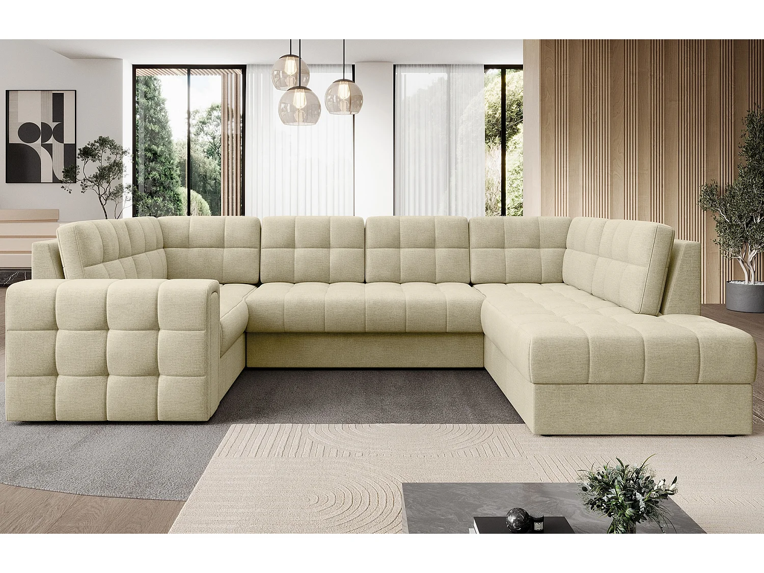 BLOOM panoramische bank in gecapitonneerd fluweel - Opbergruimte en omvormbaar-Kleur Licht beige-Opslagruimte naar rechts