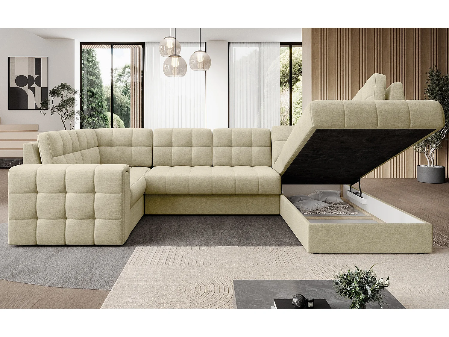 BLOOM panoramische bank in gecapitonneerd fluweel - Opbergruimte en omvormbaar-Kleur Licht beige-Opslagruimte naar rechts