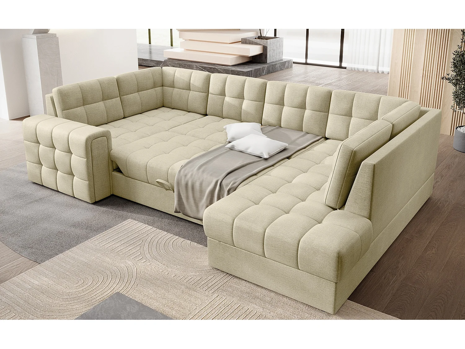 BLOOM panoramische bank in gecapitonneerd fluweel - Opbergruimte en omvormbaar-Kleur Licht beige-Opslagruimte naar rechts