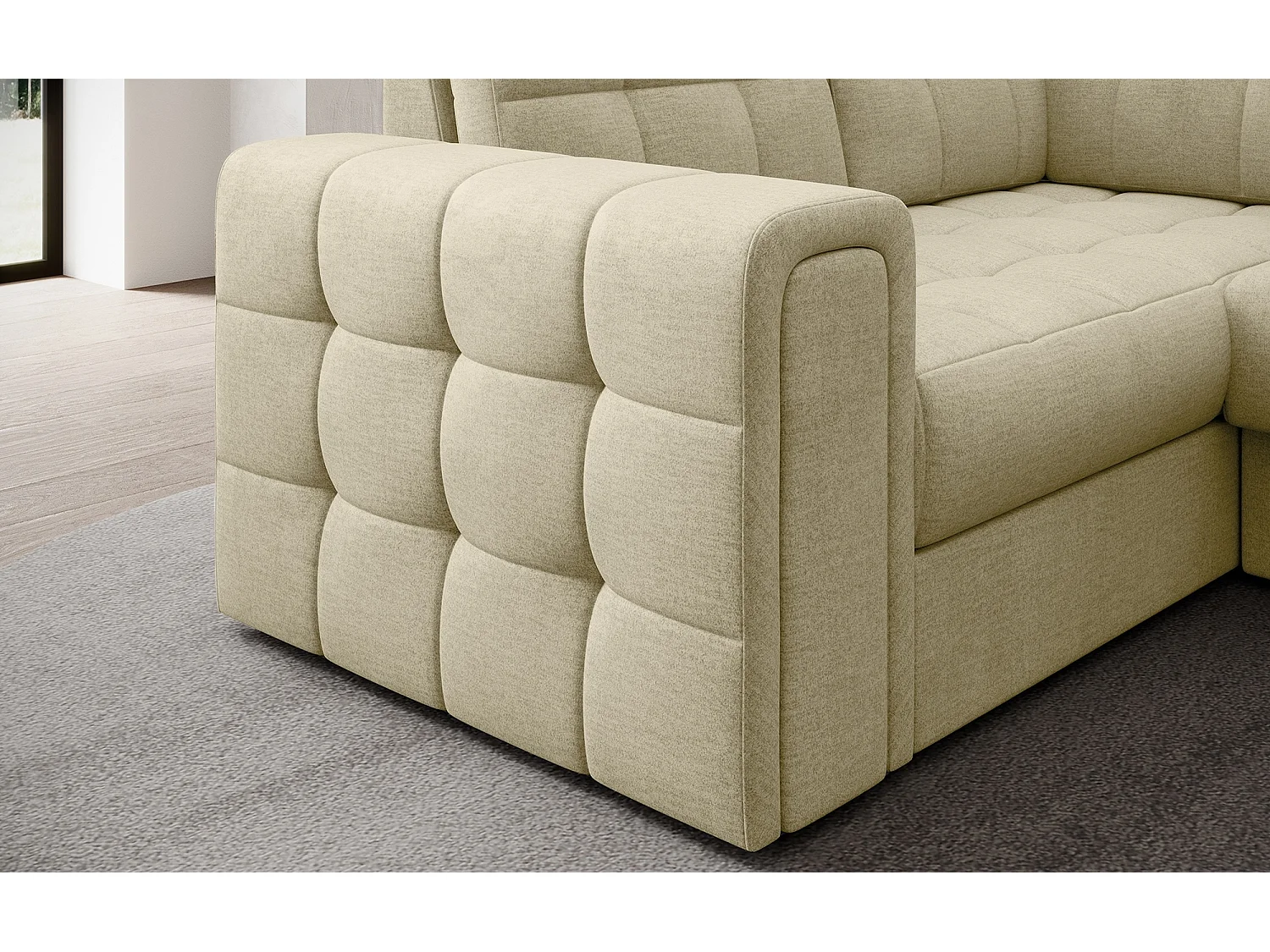 BLOOM panoramische bank in gecapitonneerd fluweel - Opbergruimte en omvormbaar-Kleur Licht beige-Opslagruimte naar rechts