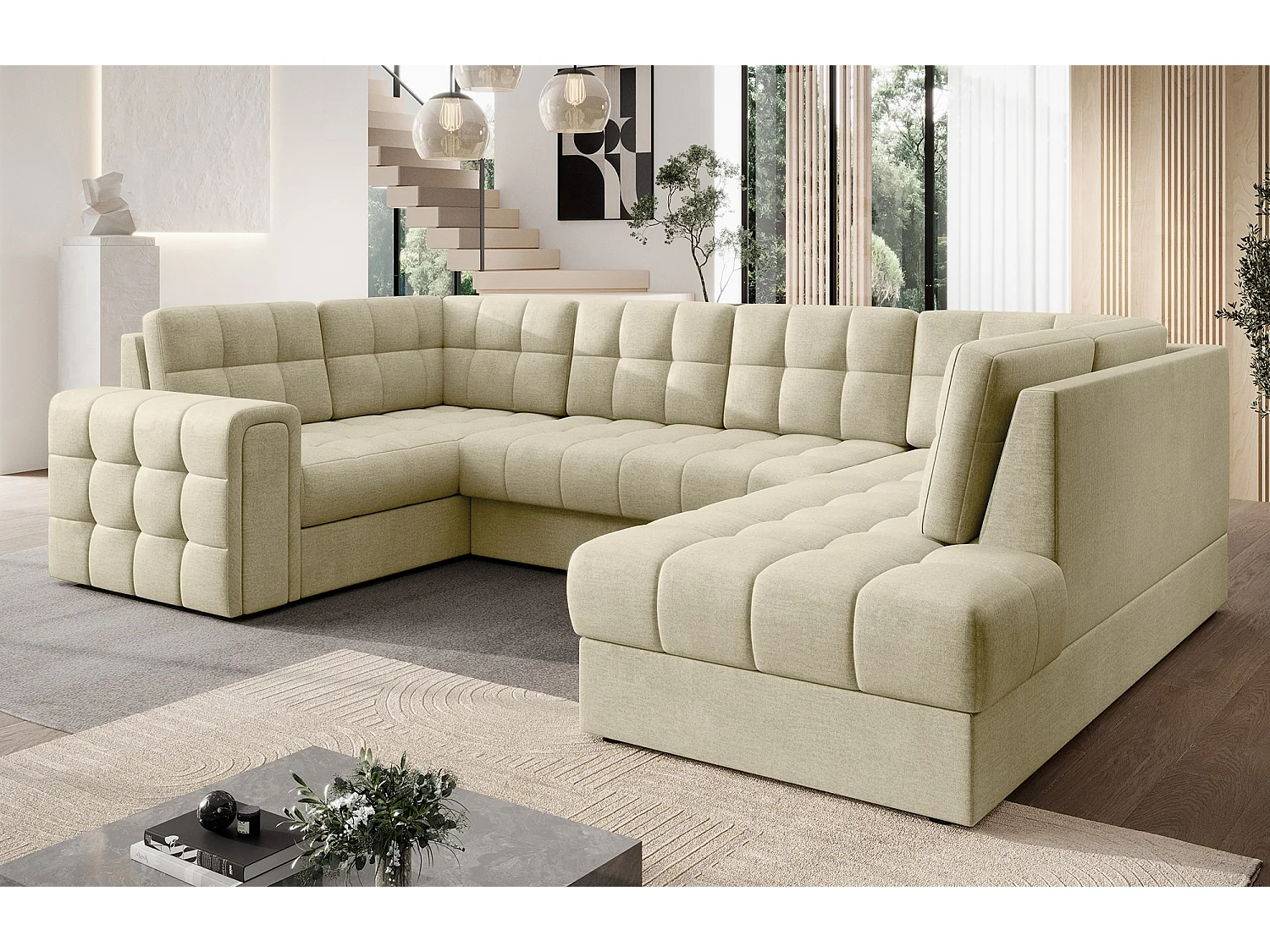 BLOOM panoramische bank in gecapitonneerd fluweel - Opbergruimte en omvormbaar-Kleur Licht beige-Opslagruimte naar rechts