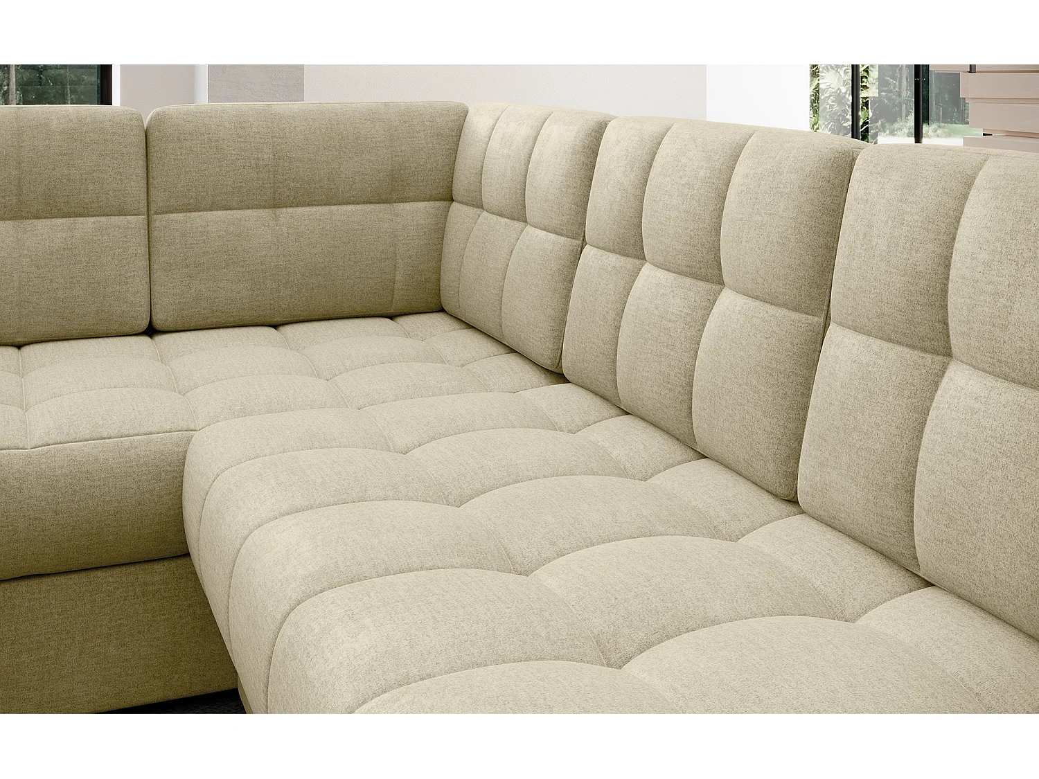 BLOOM panoramische bank in gecapitonneerd fluweel - Opbergruimte en omvormbaar-Kleur Licht beige-Opslagruimte naar rechts