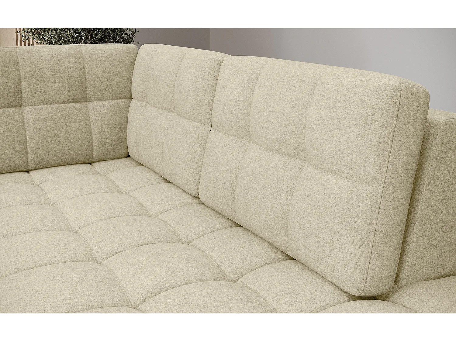 BLOOM panoramische bank in gecapitonneerd fluweel - Opbergruimte en omvormbaar-Kleur Licht beige-Opslagruimte naar rechts