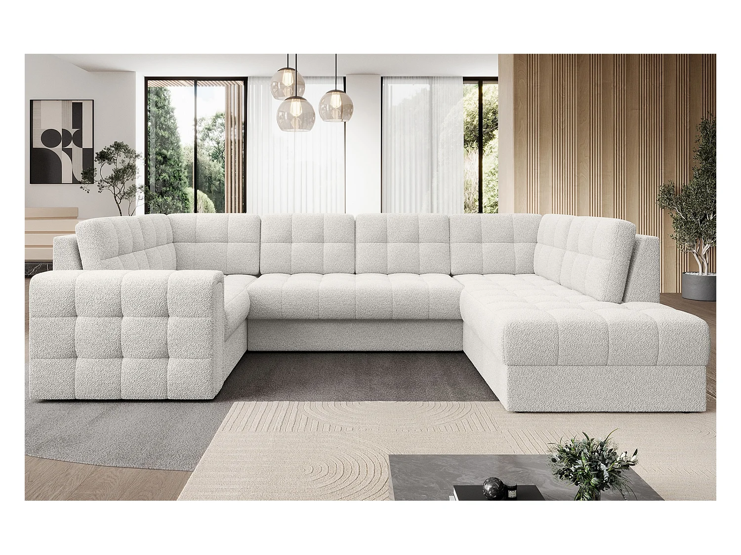 Canapé panoramique BLOOM tissu capitonné - Rangement et convertible-Blanc-Coffre de rangement à droite